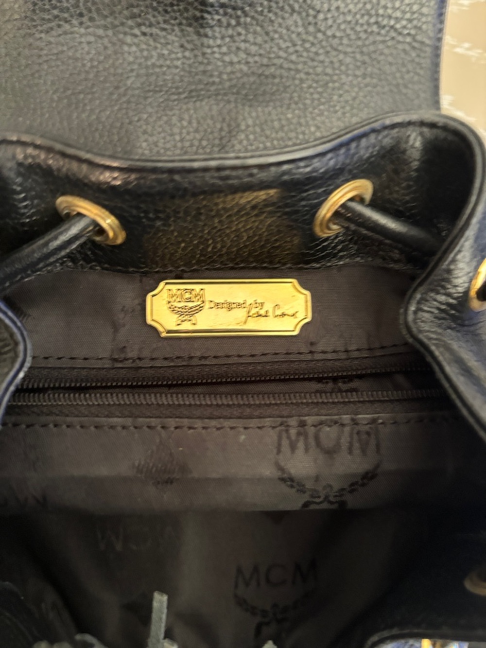 MCM Black Pebbled Leather Tassel Drawstring Backpack with Gold Hardware - Picture 3 of 3